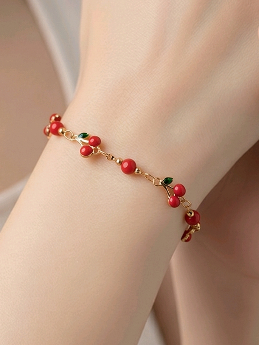 Cherry Charm Bracelet Gold Dainty Fruit Bracelet Red Beaded Coquette Jewelry